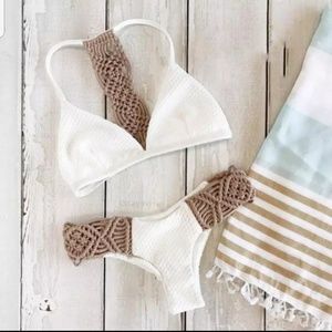 White tan crochet mikoh sabo skirt bikini set M